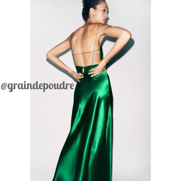 green emerald velvet dress ZARA Open Back Feather Satin Effect Short Dress Women's Sz S Dark Gree –  PayWut